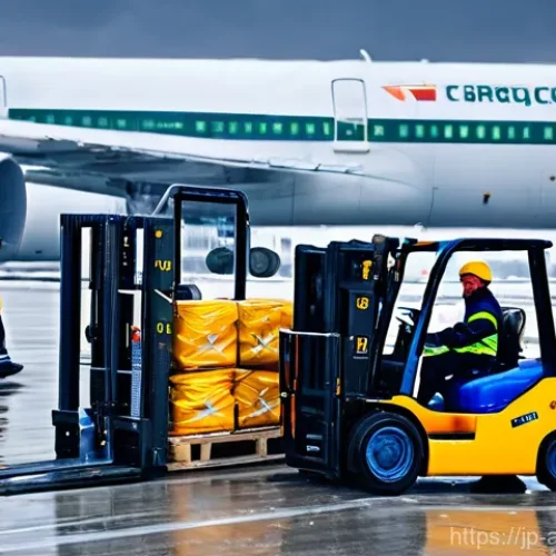 항공화물 실무에서의 팀워크 중요성 - **Prompt:** A dynamic scene at a bustling air cargo hub during a severe, swirling snowstorm. A diver...