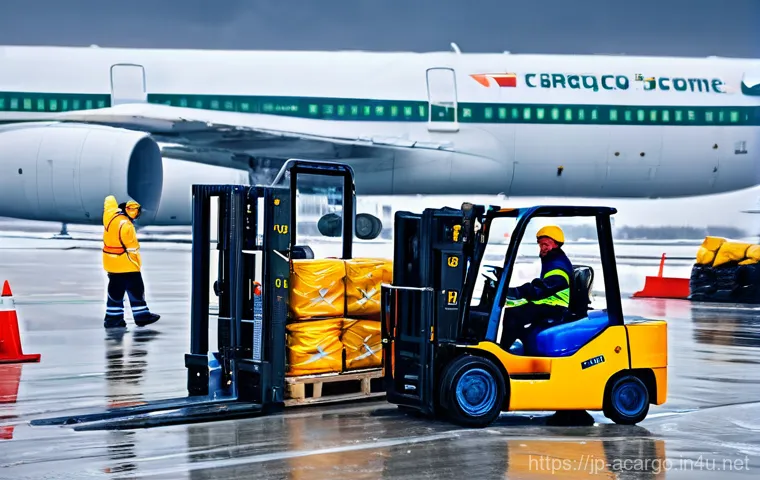 항공화물 실무에서의 팀워크 중요성 - **Prompt:** A dynamic scene at a bustling air cargo hub during a severe, swirling snowstorm. A diver...