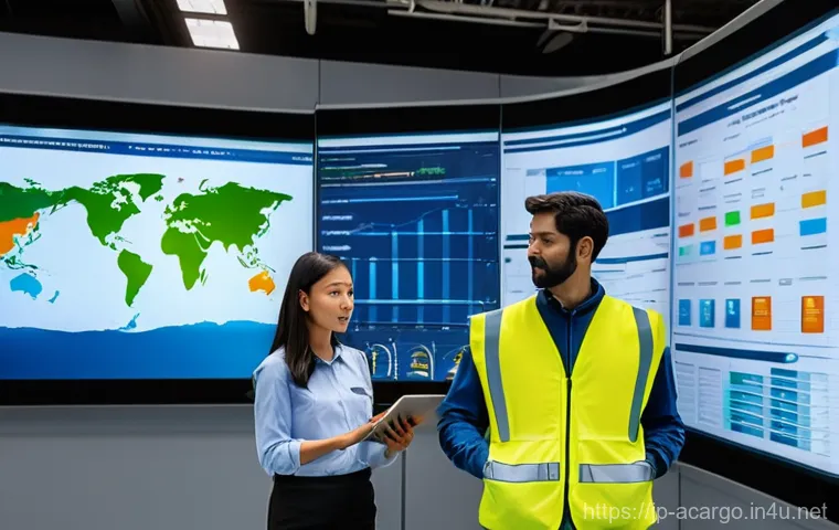 항공화물 실무에서의 팀워크 중요성 - **Prompt:** A dynamic scene at a bustling air cargo hub during a severe, swirling snowstorm. A diver...