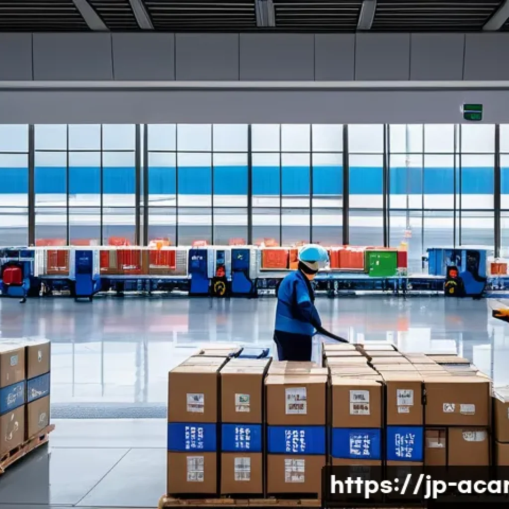 항공화물 관련 영어 회화 표현 - A modern Japanese airport cargo terminal scene showing workers carefully handling fragile packages l...