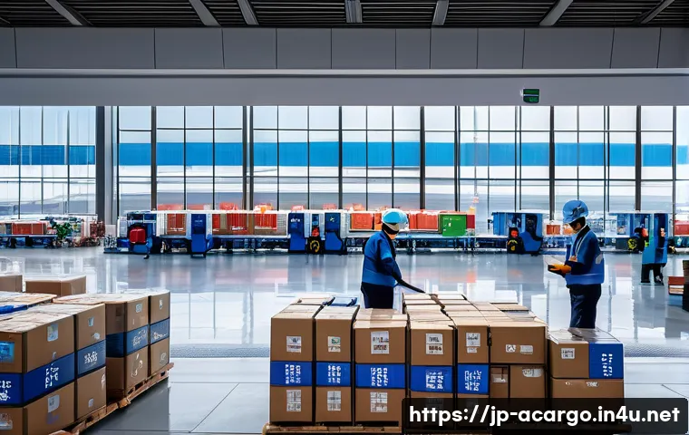 항공화물 관련 영어 회화 표현 - A modern Japanese airport cargo terminal scene showing workers carefully handling fragile packages l...