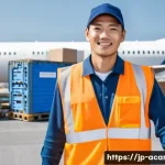 항공화물 관련 직업군 소개 - A professional cargo handling staff member working at a busy airport cargo terminal in Japan, wearin...