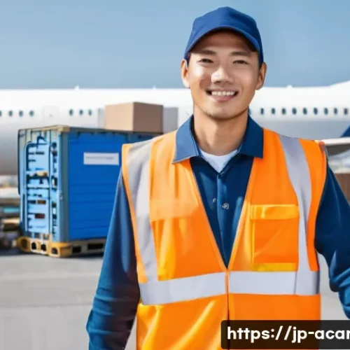 항공화물 관련 직업군 소개 - A professional cargo handling staff member working at a busy airport cargo terminal in Japan, wearin...