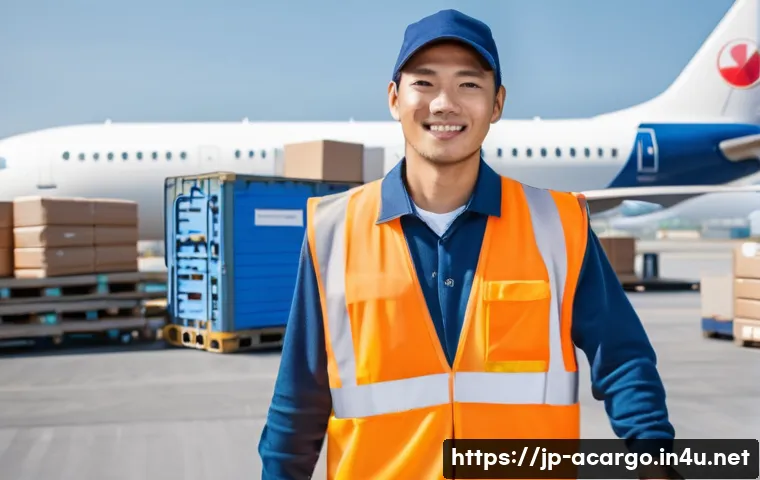 항공화물 관련 직업군 소개 - A professional cargo handling staff member working at a busy airport cargo terminal in Japan, wearin...