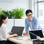 항공화물 전문가의 스트레스 관리 - A modern Japanese office environment with a diverse team of professionals actively collaborating aro...