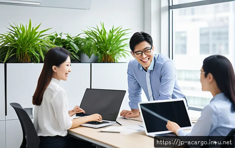 항공화물 전문가의 스트레스 관리 - A modern Japanese office environment with a diverse team of professionals actively collaborating aro...