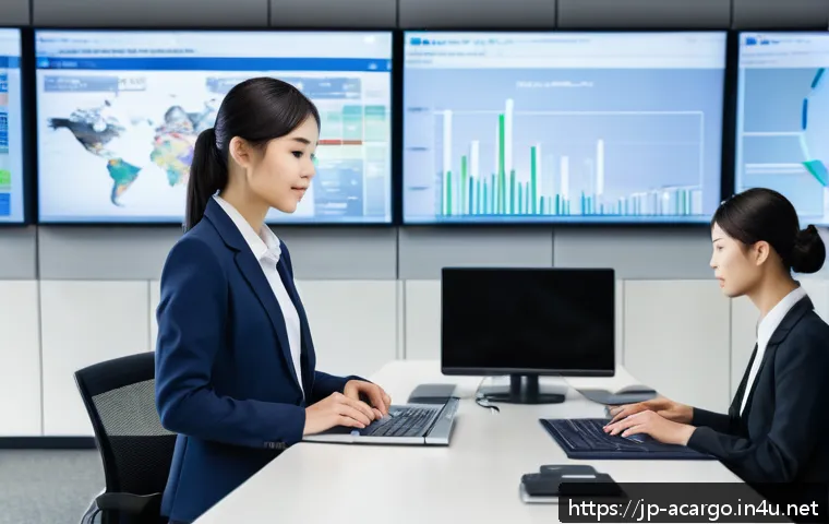 항공화물 전문가의 자기 계발 전략 - A modern office scene in an airport cargo logistics company, showing diverse Japanese professionals ...