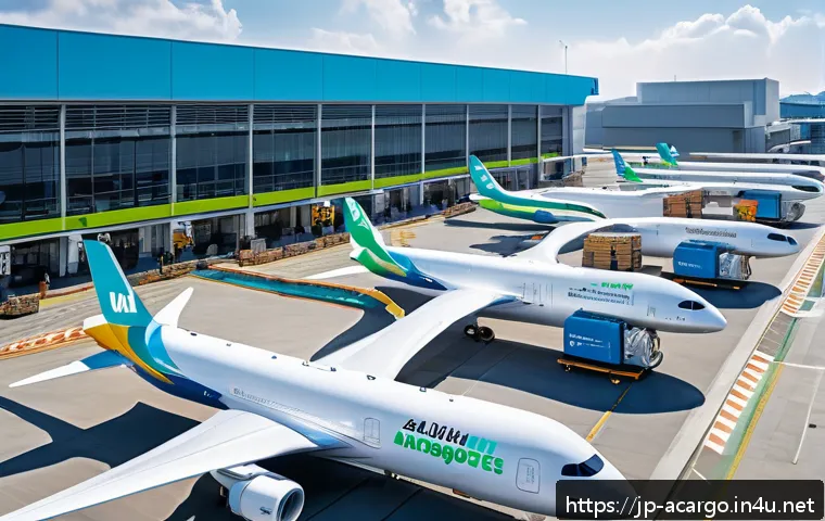 항공화물과 글로벌 무역의 상관관계 - A high-tech airport cargo terminal bustling with automated robotic arms sorting colorful packages ra...