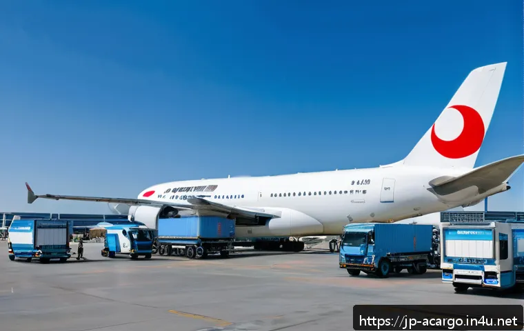 항공화물 실무 강의 추천 - A modern Japanese airport cargo terminal bustling with activity during the day, showcasing workers i...