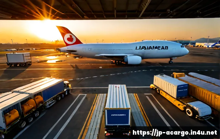 항공화물업계 트렌드와 전망 - Photorealistic wide-angle view of a modern air cargo terminal at a Japanese international airport at...