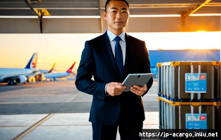 항공화물 전문가로서의 자기 브랜딩 - Photorealistic air cargo logistics professional in a polished business suit standing confidently bes...